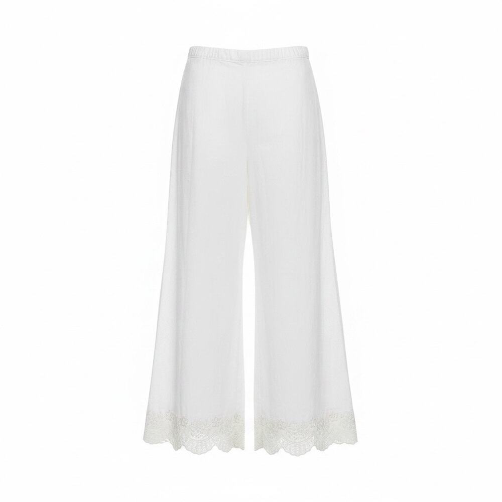 Zeen White Embroidered Wide Leg Cropped Cotton Pants 18 Quiet Luxury Old Money